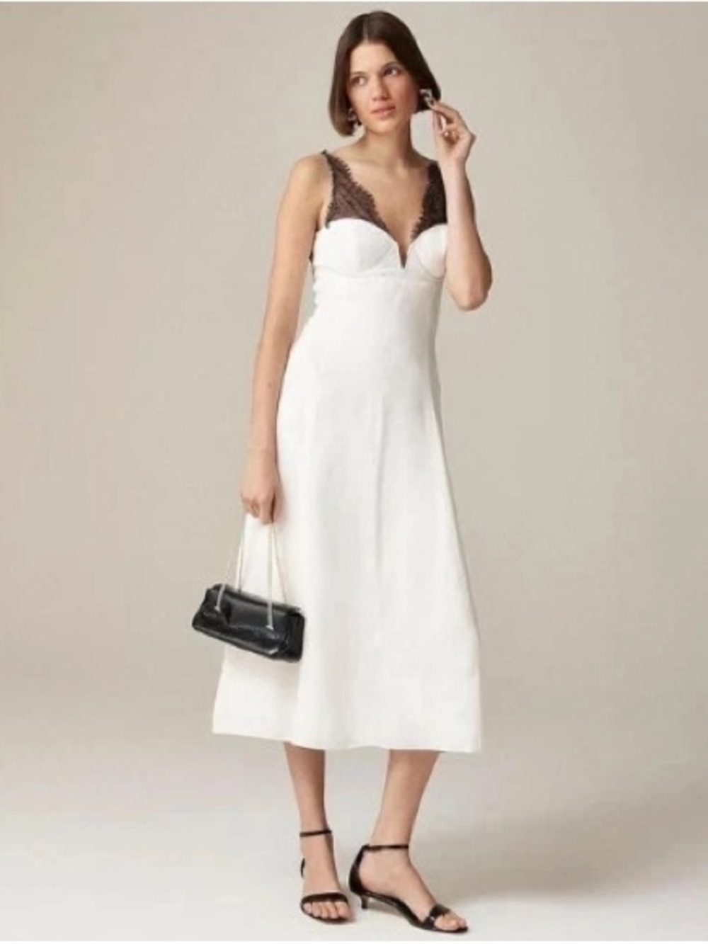 J. Crew Collection Ivory Black Lace Trim Structured Bodice Midi Dress Size 6